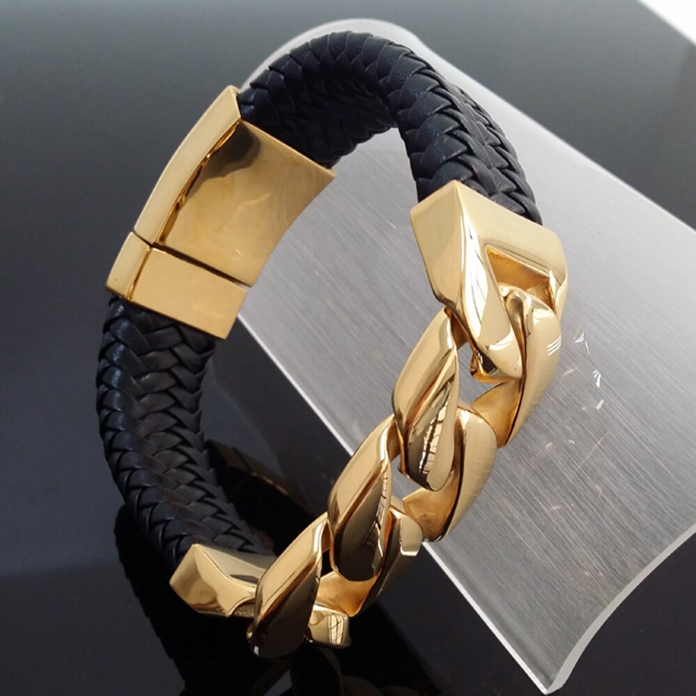 Stainless Steel Gold Curb Chain Bangle Bracelet With Genuine Leather - The Trendy Accessories Store