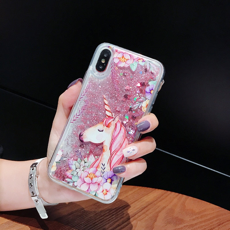 Floral and Unicornwith Glitter Water Liquid iPhone Case - The Trendy Accessories Store