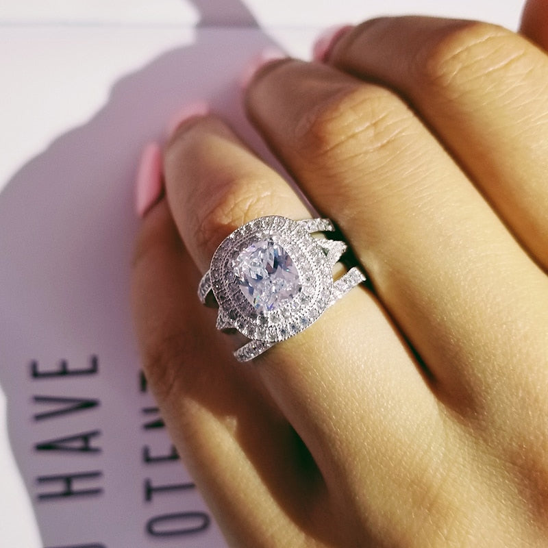 925 Sterling Silver 3pcs in 1 cushion zircon Wedding Ring Set - The Trendy Accessories Store