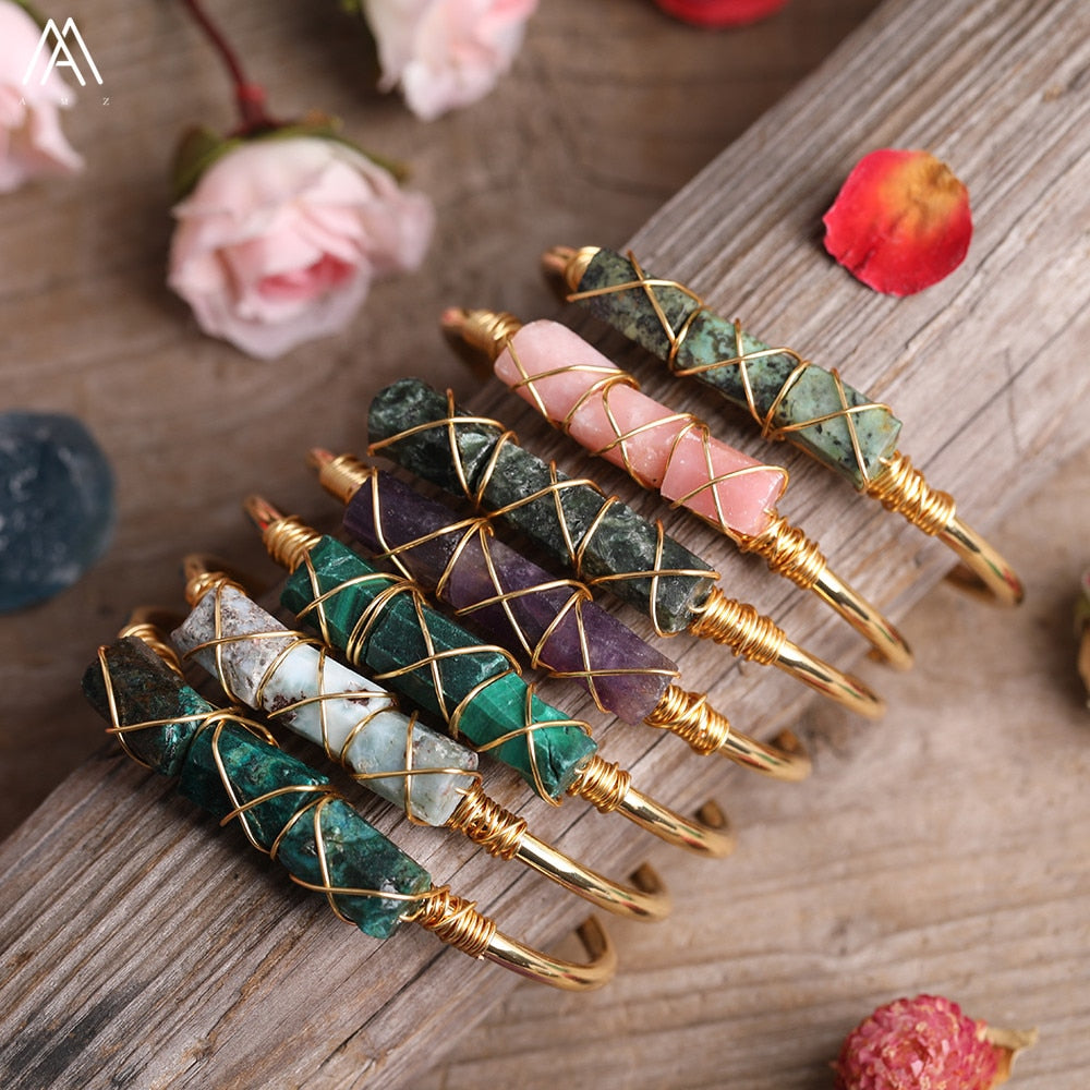 Wire Wrapped Larimar Stone Bracelet in Gold Copper - Available in various color - The Trendy Accessories Store