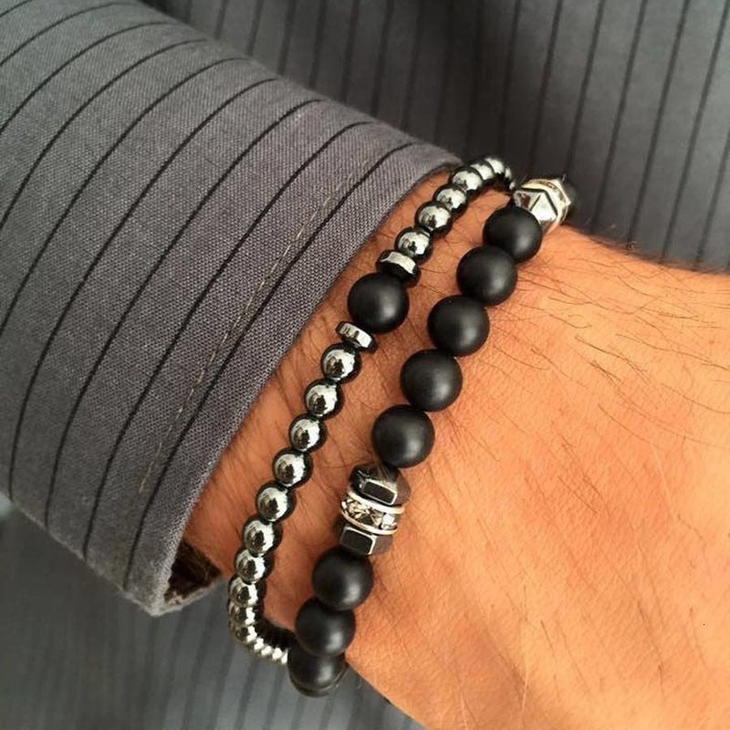 Classic Crown Rectangle Beads Black Stone Bracelet - The Trendy Accessories Store