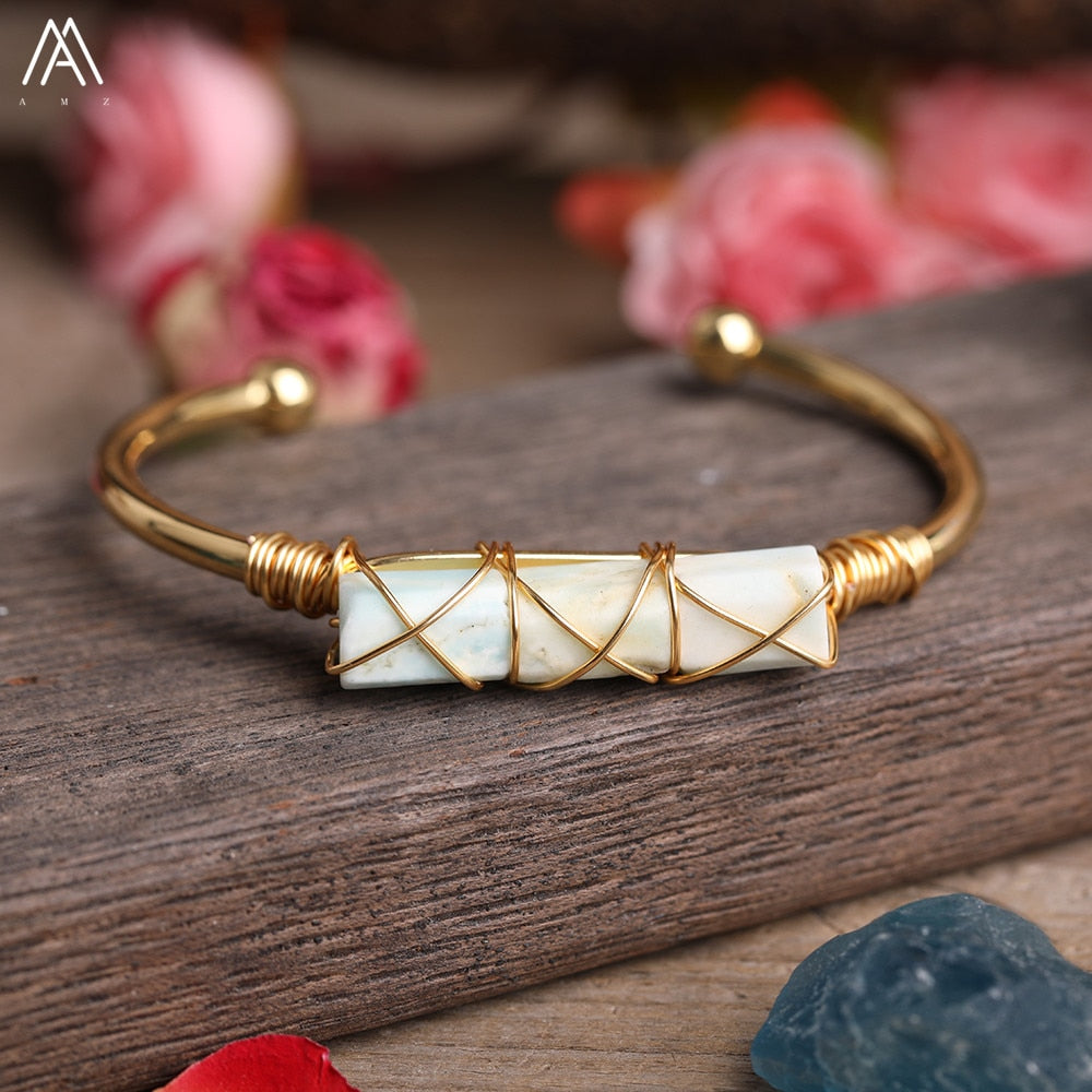 Wire Wrapped Larimar Stone Bracelet in Gold Copper - Available in various color - The Trendy Accessories Store