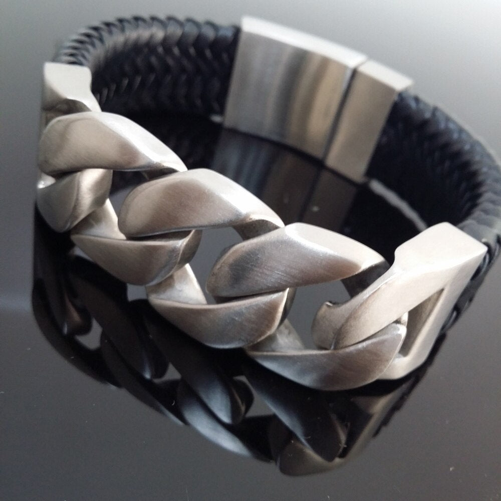 Stainless Steel Gold Curb Chain Bangle Bracelet With Genuine Leather - The Trendy Accessories Store