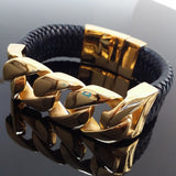 Stainless Steel Gold Curb Chain Bangle Bracelet With Genuine Leather - The Trendy Accessories Store