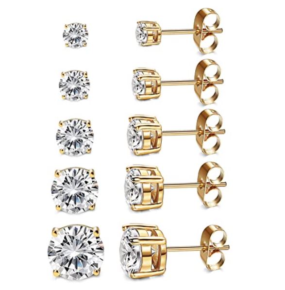 Set of 5 Pairs 14K Gold and Silver Plated CZ Stud Earrings with Lab Grown Diamond - The Trendy Accessories Store