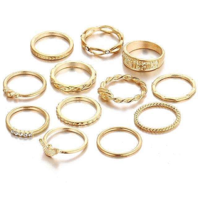 Golden Zinc Alloy Metal & Gemstone Rings Set - The Trendy Accessories Store