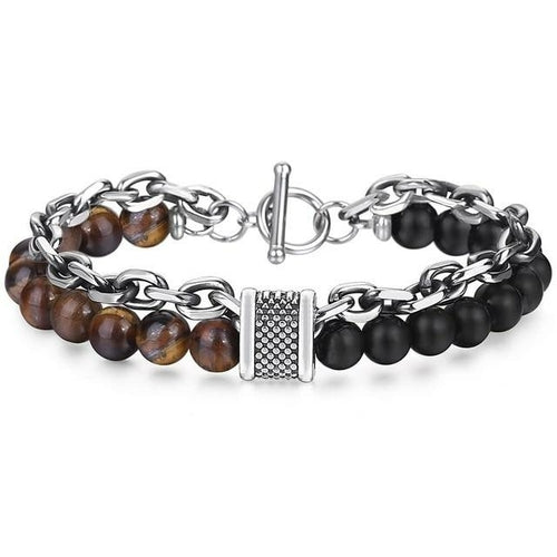 Natural Tiger Eye Stone Bracelet Men Stainless Steel Beaded Bracelets - The Trendy Accessories Store