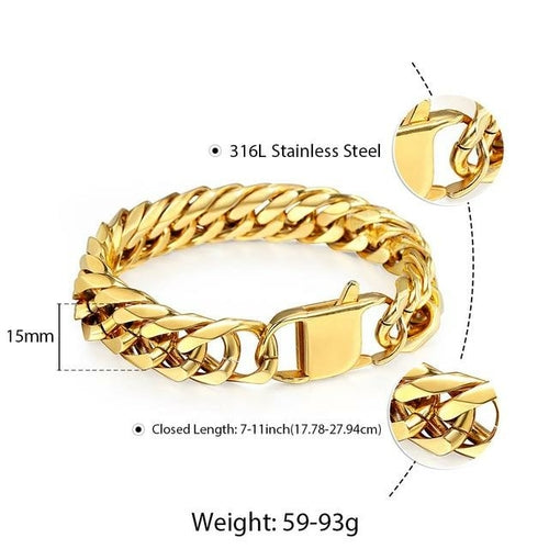 10mm 15mm Gold Black 316L Stainless Steel Bracelet for Men Double Curb - The Trendy Accessories Store