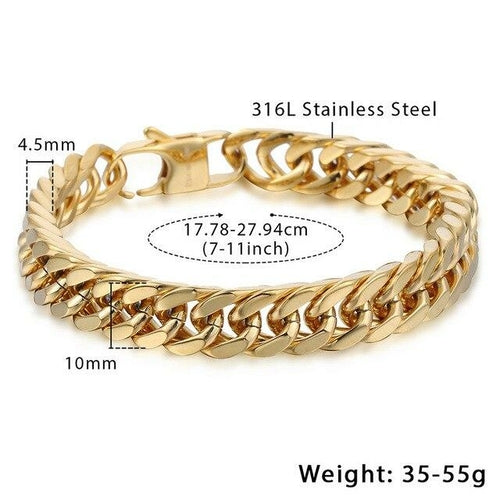 10mm 15mm Gold Black 316L Stainless Steel Bracelet for Men Double Curb - The Trendy Accessories Store