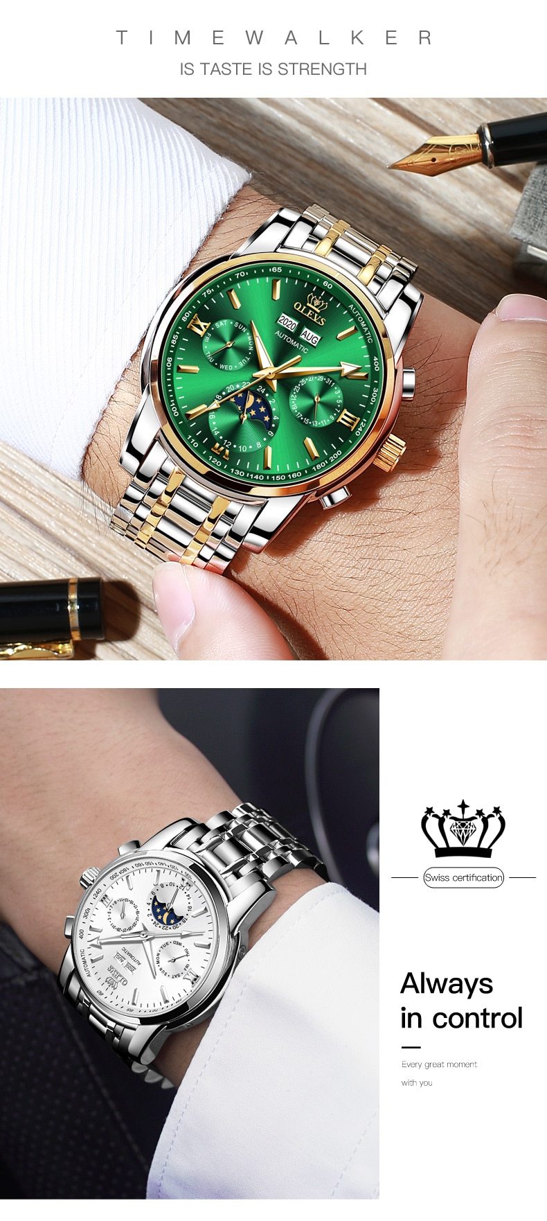 Automatic Green Luxury Stainless Steel Olves Watch - The Trendy Accessories Store