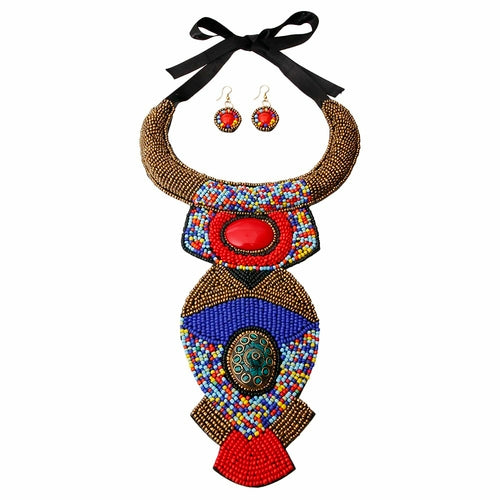 Multi Color Bead Raised Collar Long Bib Necklace Set - The Trendy Accessories Store