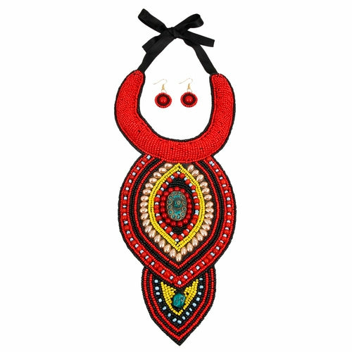Black and Red Beaded Bib Necklace Set - The Trendy Accessories Store
