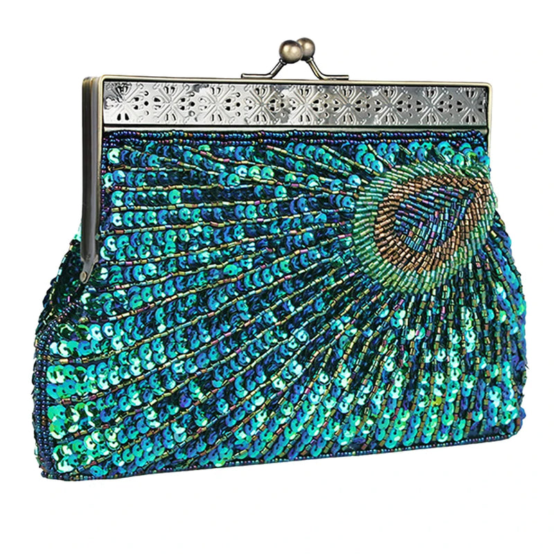 Peacock Elegance: Sequin Evening Clutch with Chain Shoulder Strap - Perfect for Banquets and Weddings