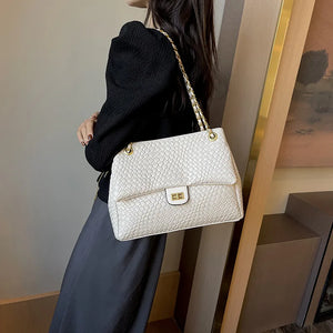 Chic Urban Weave: 2024 Women's Large Capacity Crossbody Bag with Minimalist Flair and Chain Detail