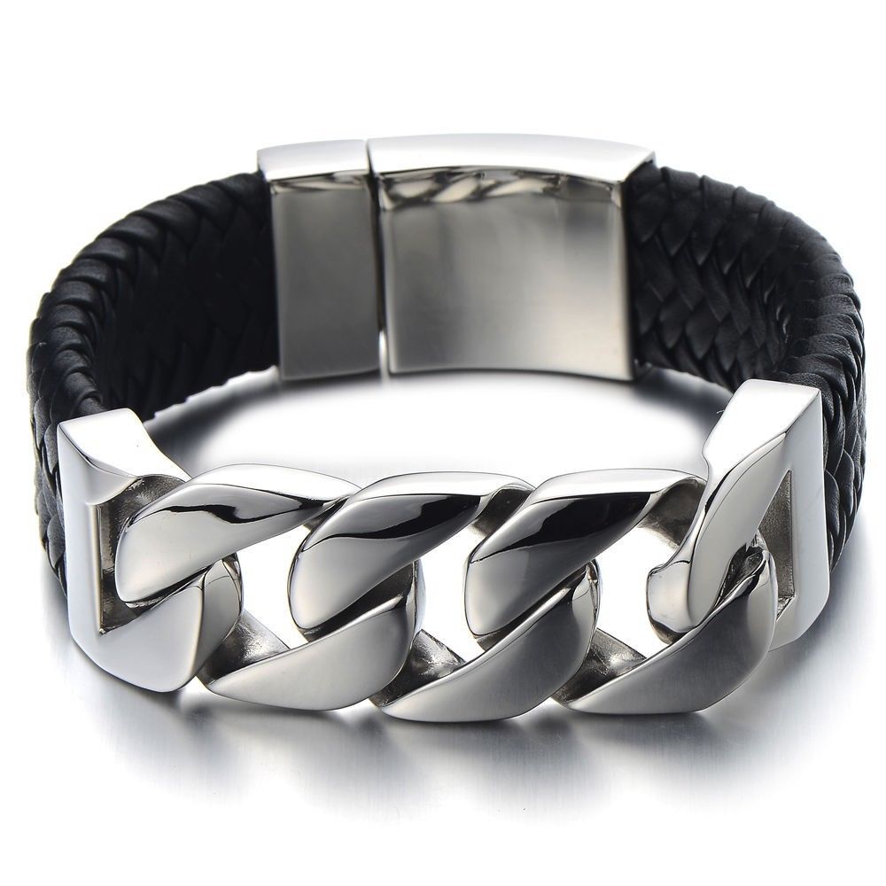 Stainless Steel Gold Curb Chain Bangle Bracelet With Genuine Leather - The Trendy Accessories Store