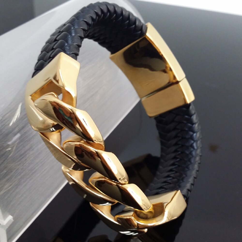 Stainless Steel Gold Curb Chain Bangle Bracelet With Genuine Leather - The Trendy Accessories Store