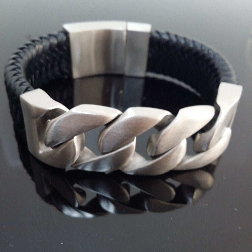 Stainless Steel Gold Curb Chain Bangle Bracelet With Genuine Leather - The Trendy Accessories Store
