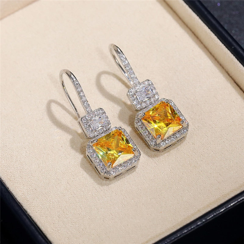 Gorgeous Princess Cut Yellow Cubic Drop Earrings