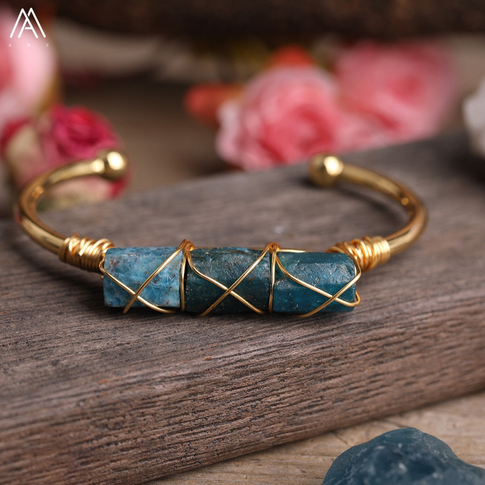 Wire Wrapped Larimar Stone Bracelet in Gold Copper - Available in various color - The Trendy Accessories Store