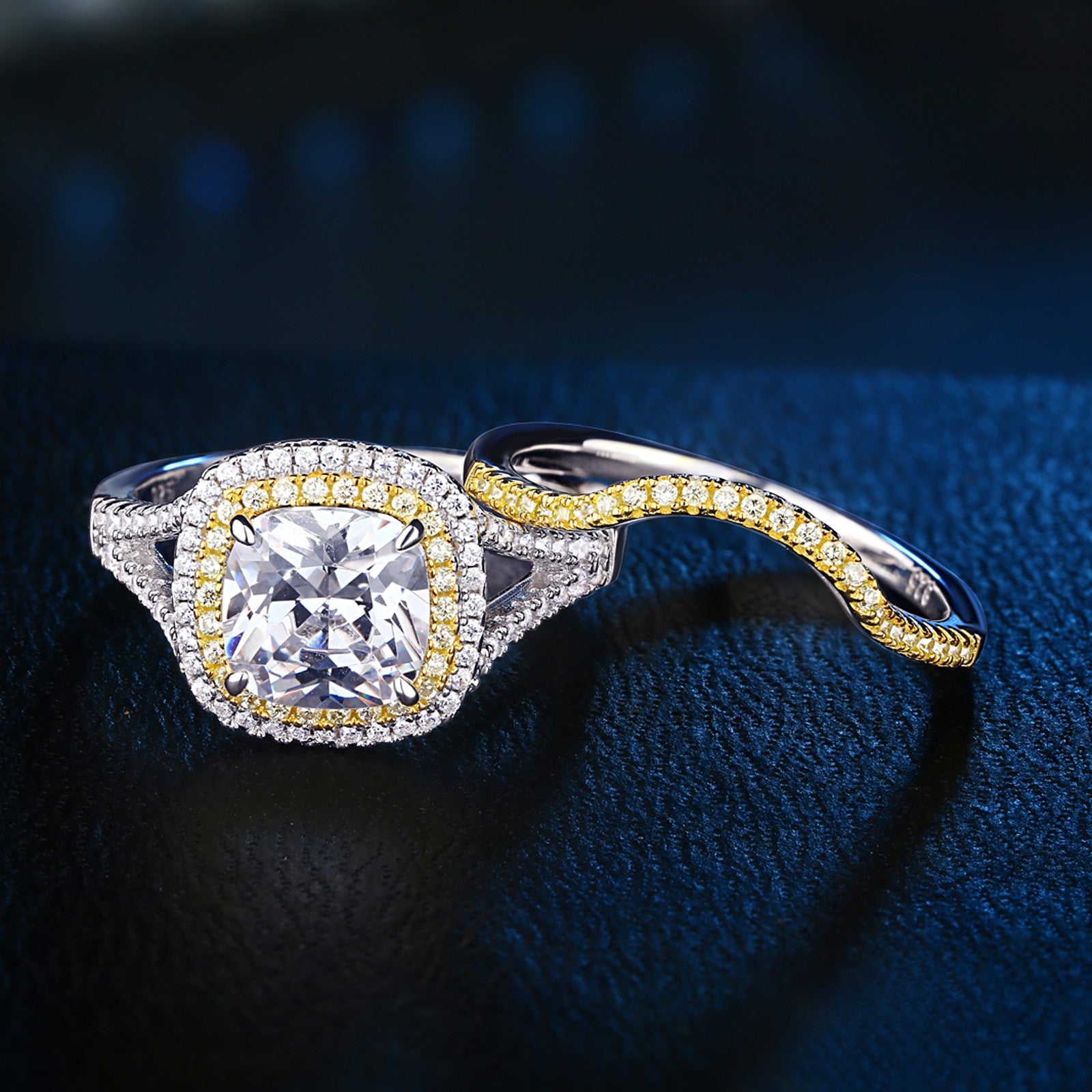 White and Yellow Gold Plated Halo Engagement Ring and Band Set - The Trendy Accessories Store