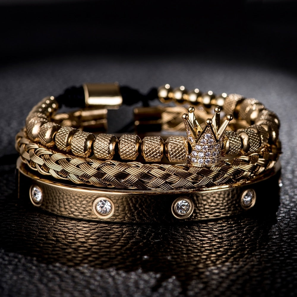 Luxury Roman Royal Crown Charm Bracelet Set Stainless Steel Hip