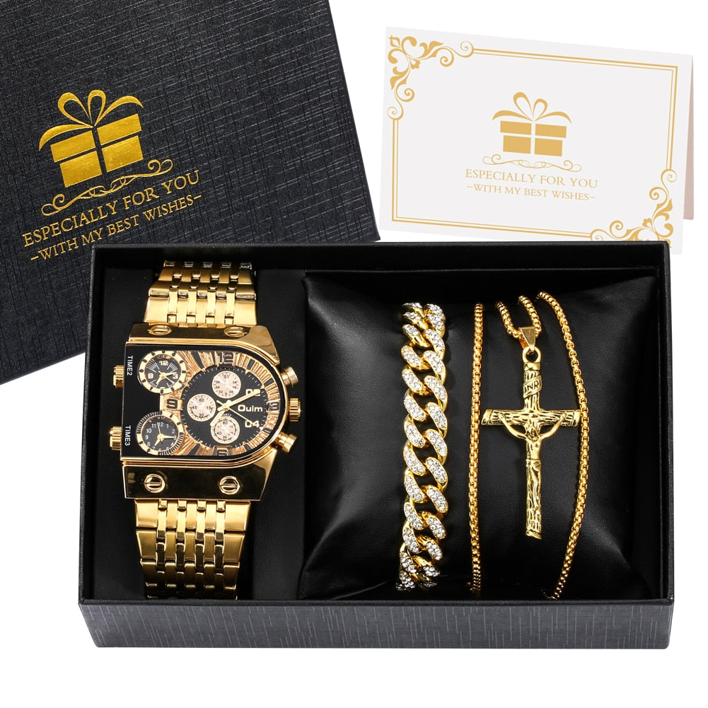 Gold Crystal Quartz Wristwatch & Jewelry Combo Set