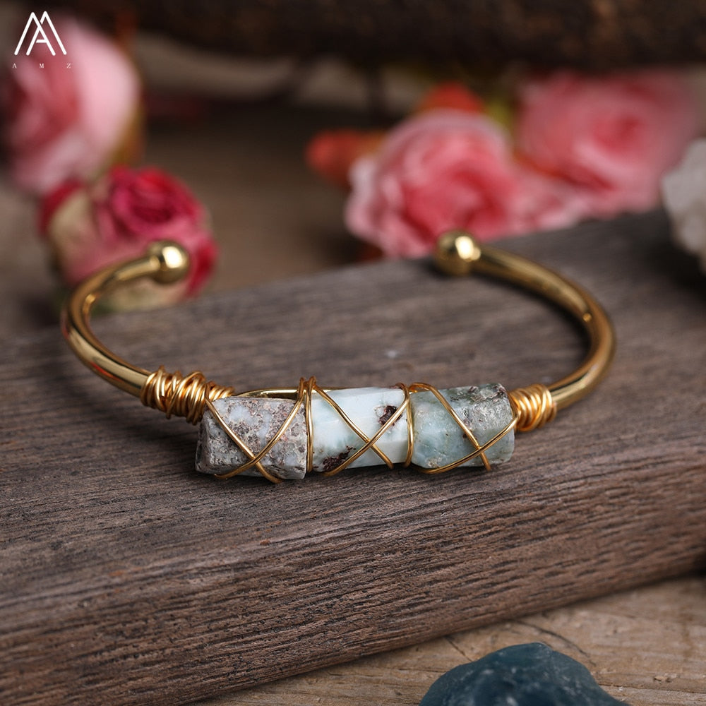 Wire Wrapped Larimar Stone Bracelet in Gold Copper - Available in various color - The Trendy Accessories Store
