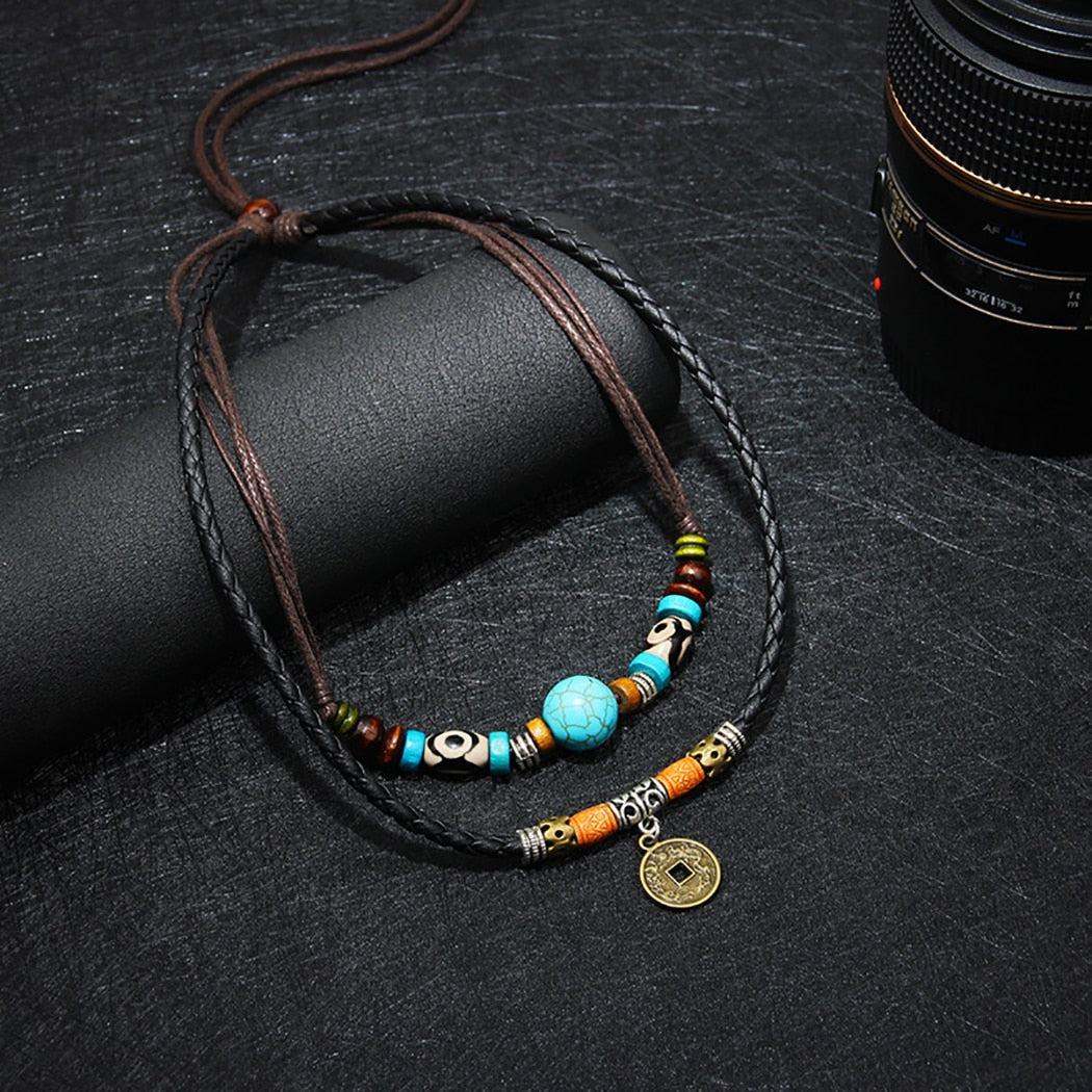 Dual Layer Vintage Charm Leather Necklace - The Trendy Accessories Store