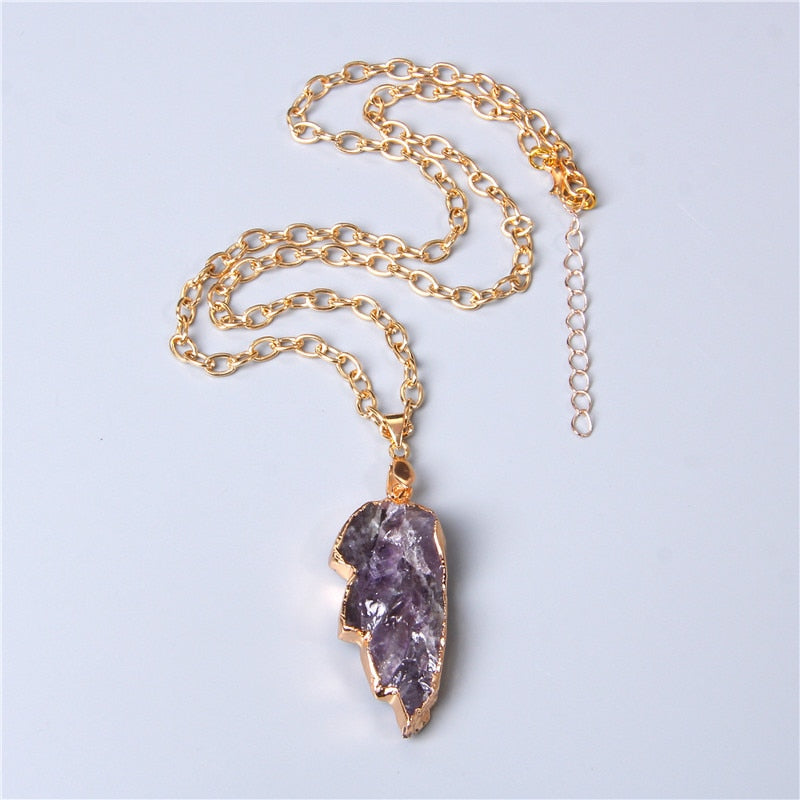 Handmade Gold Plated Chain Necklace with Natural Minerals Stone Crystal Charm Pendant - The Trendy Accessories Store