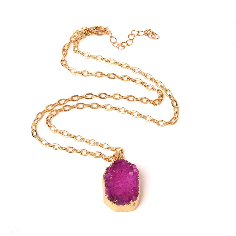 Handmade Gold Plated Chain Necklace with Natural Minerals Stone Crystal Charm Pendant - The Trendy Accessories Store