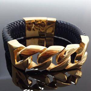 Stainless Steel Gold Curb Chain Bangle Bracelet With Genuine Leather - The Trendy Accessories Store