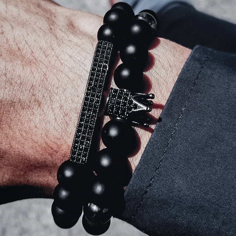Classic Crown Rectangle Beads Black Stone Bracelet - The Trendy Accessories Store