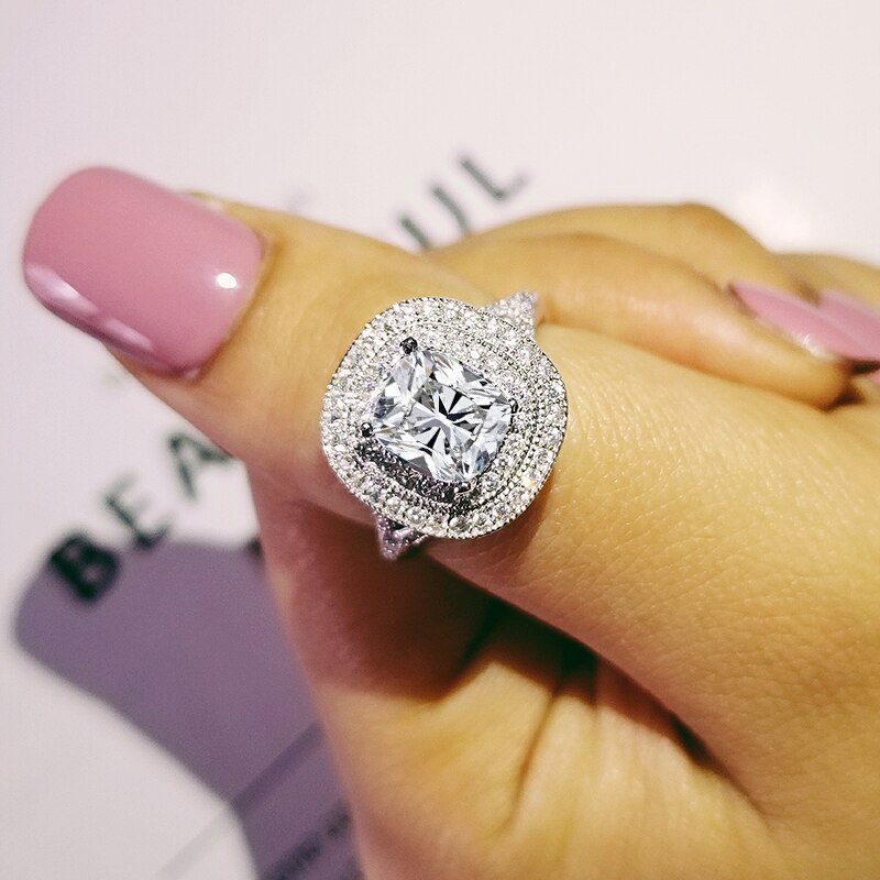 925 Sterling Silver 3pcs in 1 cushion zircon Wedding Ring Set - The Trendy Accessories Store