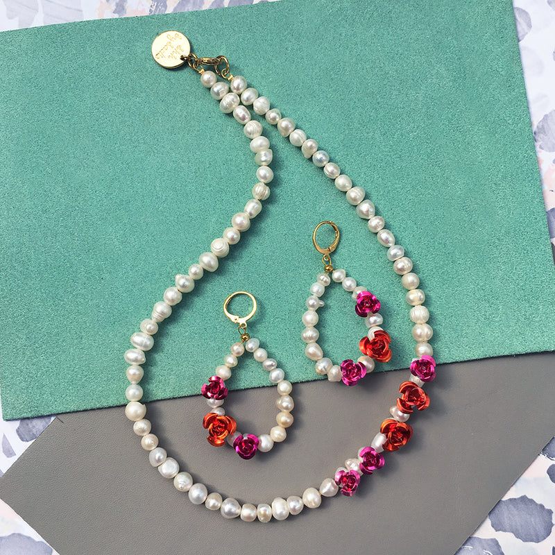 Rose Pearl Earrings + Necklace - The Trendy Accessories Store