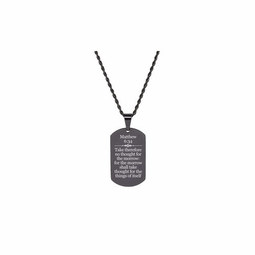 Solid Stainless Steel Men's Scripture Tag Necklace - Matthew 6:34 - The Trendy Accessories Store
