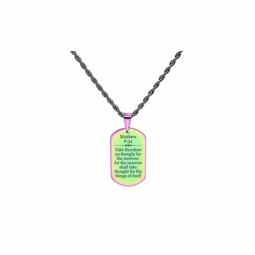 Solid Stainless Steel Men's Scripture Tag Necklace - Matthew 6:34 - The Trendy Accessories Store