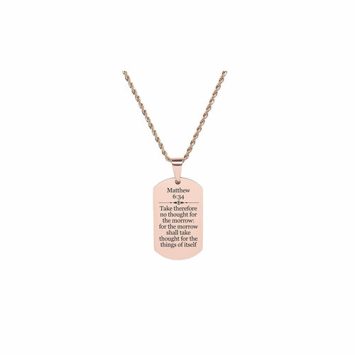Solid Stainless Steel Men's Scripture Tag Necklace - Matthew 6:34 - The Trendy Accessories Store