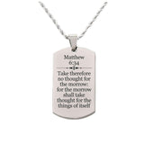 Solid Stainless Steel Men's Scripture Tag Necklace - Matthew 6:34