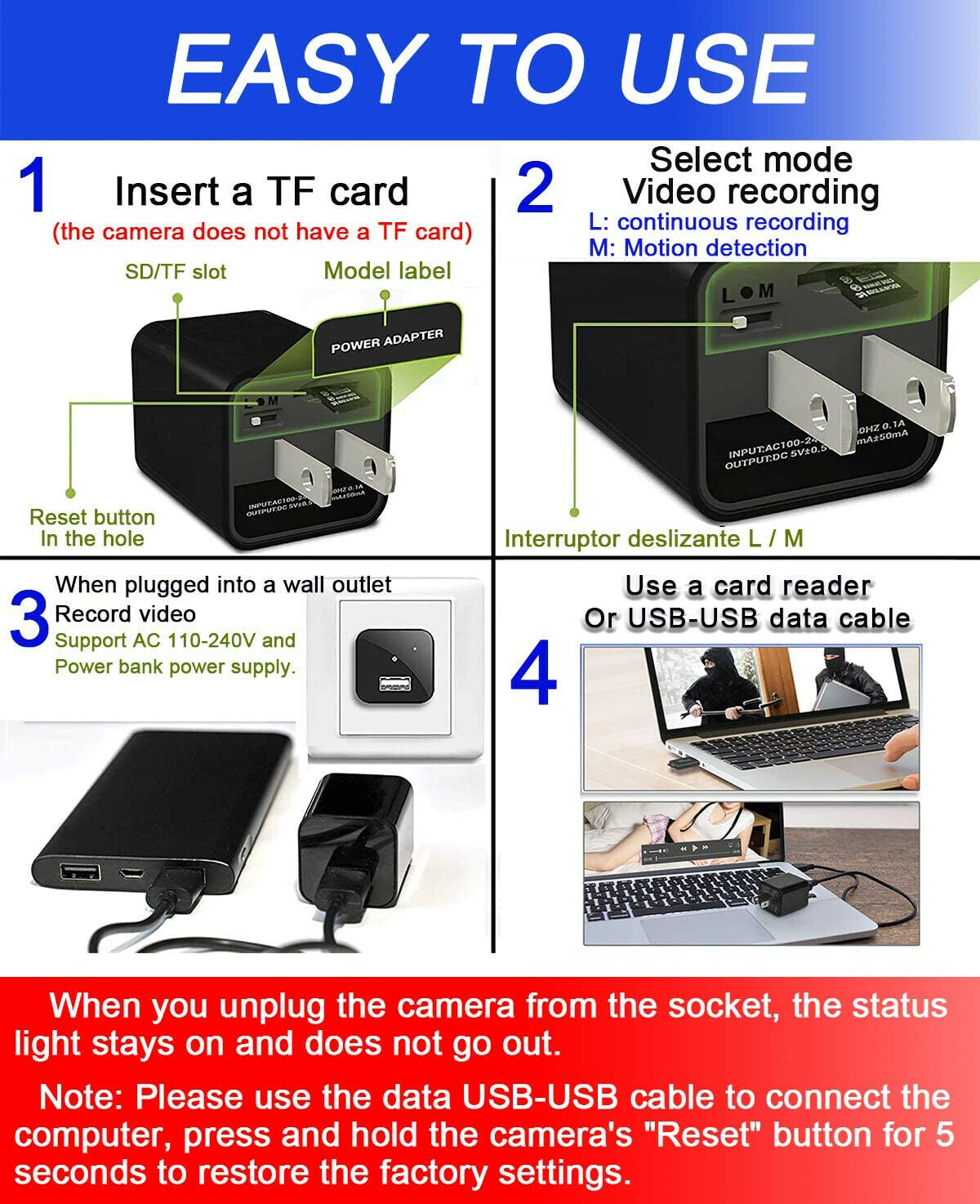 Hidden Camera HD 1080P USB Charger Home Security - The Trendy Accessories Store
