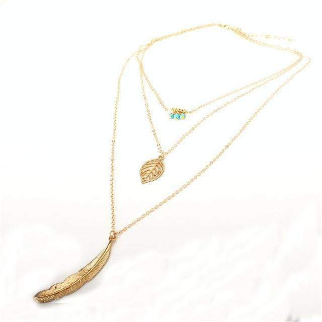 Turquoise Leaf Feather Multi Layer Necklace - The Trendy Accessories Store