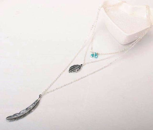 Turquoise Leaf Feather Multi Layer Necklace - The Trendy Accessories Store