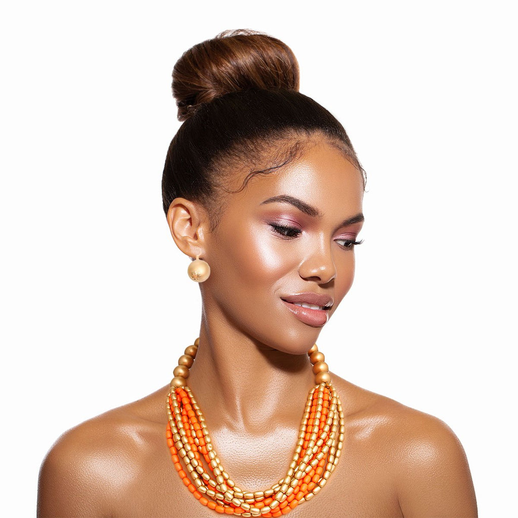 Coral and Gold Multistrand Necklace Set - The Trendy Accessories Store