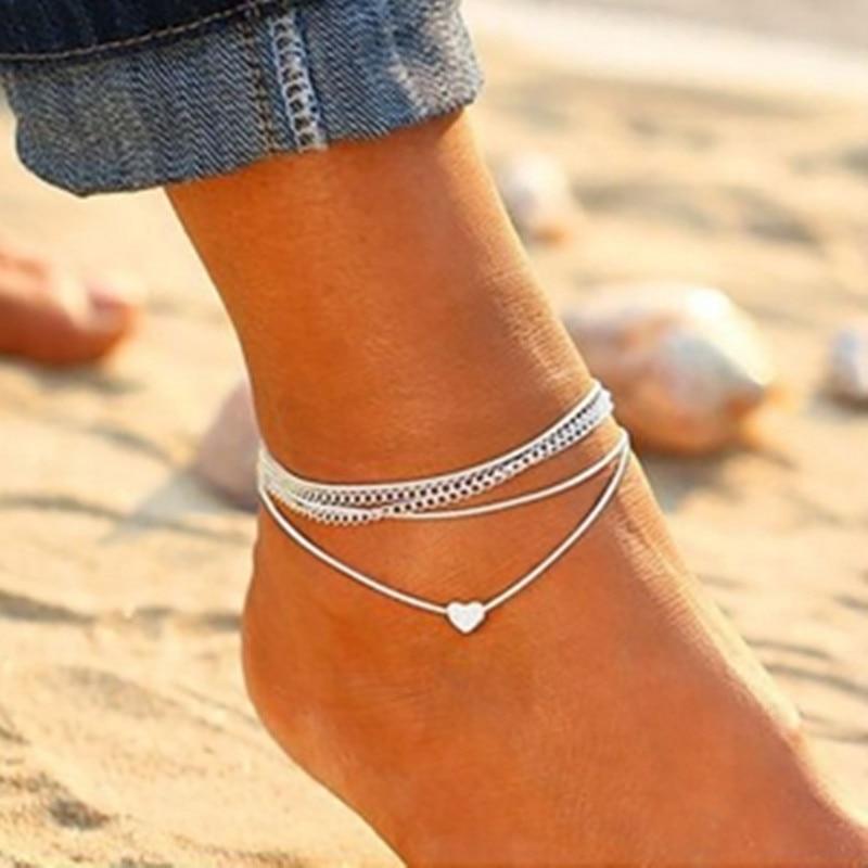 Bohemian Silver Heart Multi Chain Anklet Ankle Bracelet - The Trendy Accessories Store