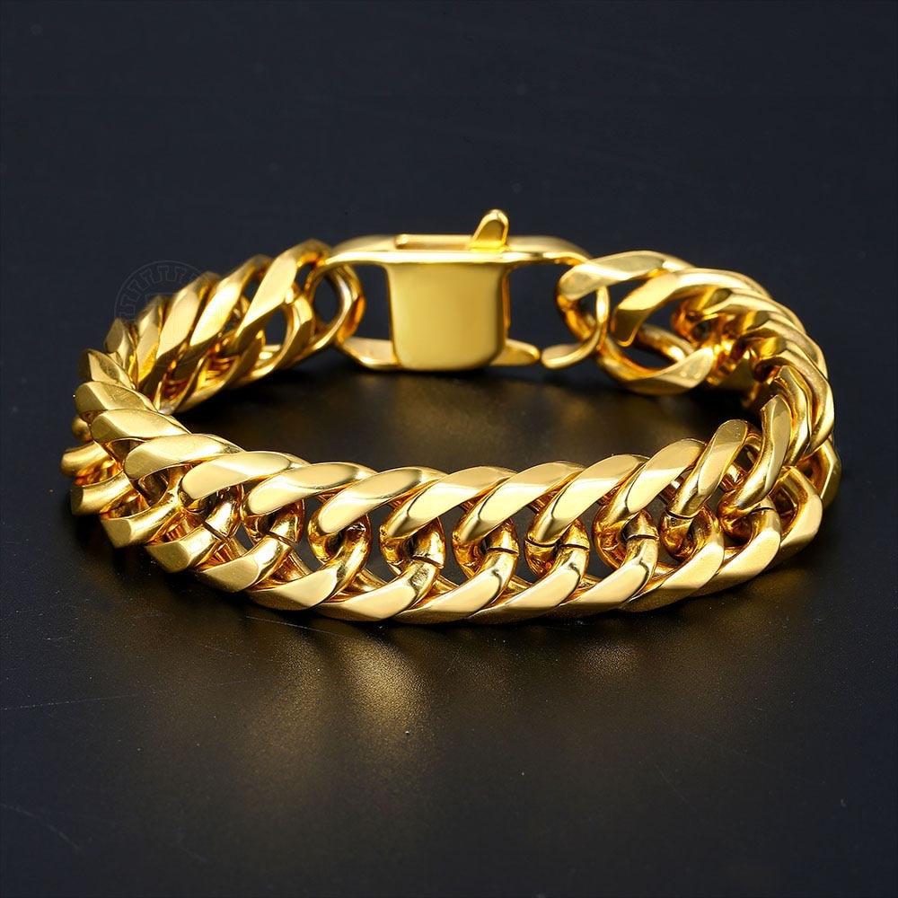 10mm 15mm Gold Black 316L Stainless Steel Bracelet for Men Double Curb - The Trendy Accessories Store