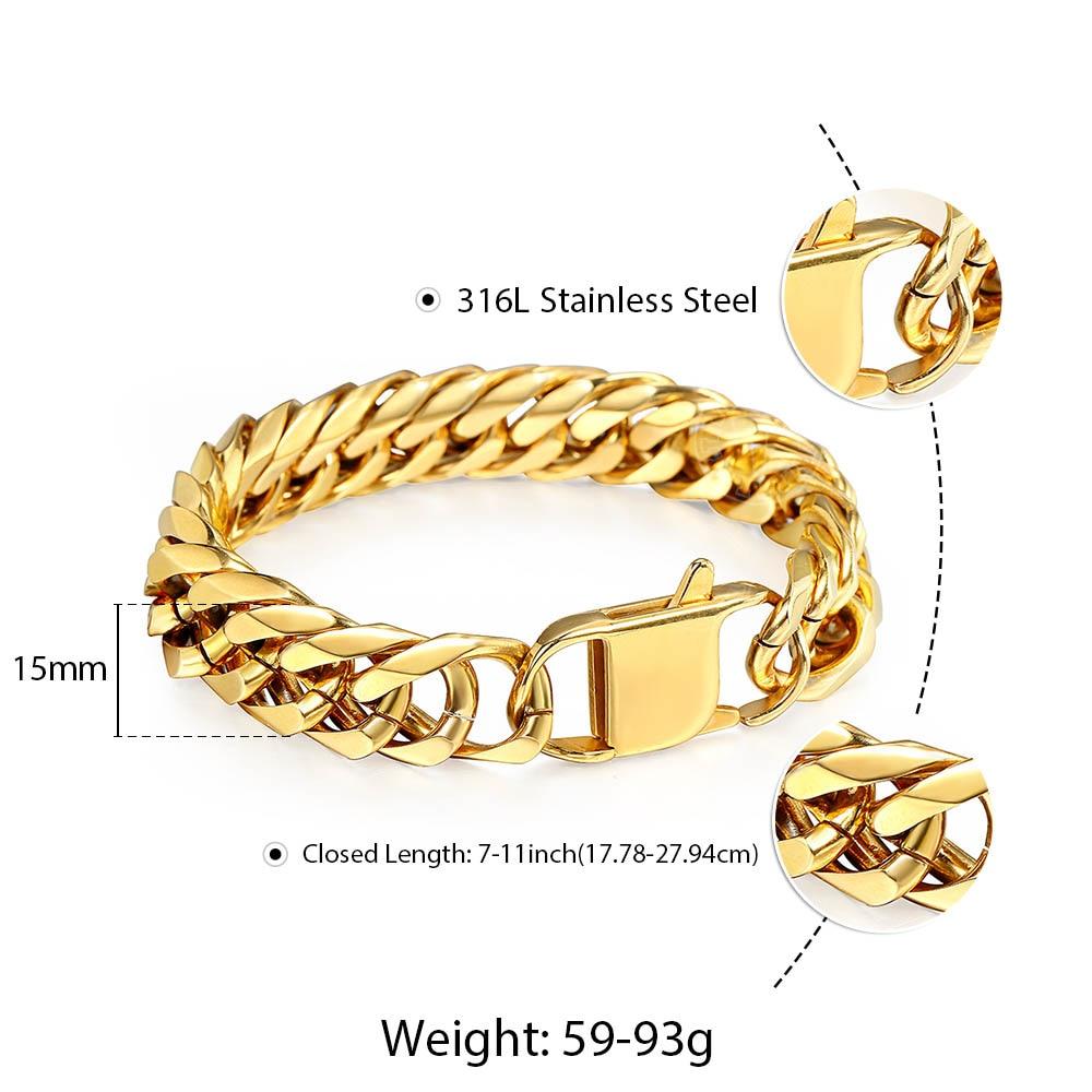 10mm 15mm Gold Black 316L Stainless Steel Bracelet for Men Double Curb - The Trendy Accessories Store
