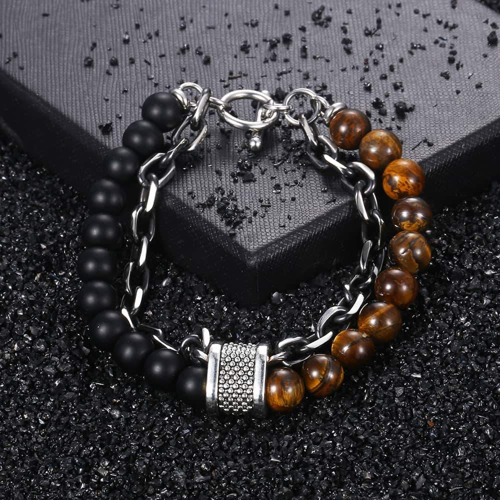 Natural Tiger Eye Stone Bracelet Men Stainless Steel Beaded Bracelets - The Trendy Accessories Store