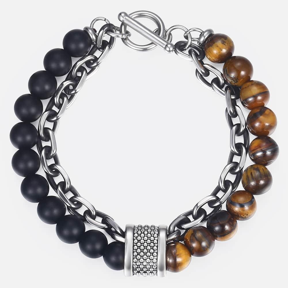 Natural Tiger Eye Stone Bracelet Men Stainless Steel Beaded Bracelets - The Trendy Accessories Store