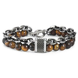 Natural Tiger Eye Stone Bracelet Men Stainless Steel Beaded Bracelets - The Trendy Accessories Store