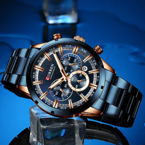 Premium Curren Blue Stainless Steel with Gold Plated Luxury Watch - The Trendy Accessories Store