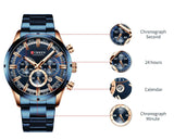 Premium Curren Blue Stainless Steel with Gold Plated Luxury Watch - The Trendy Accessories Store